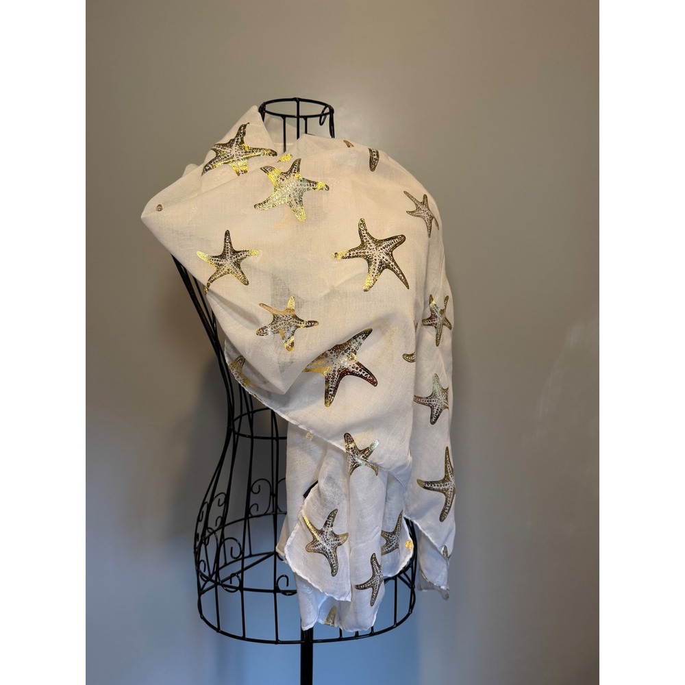 Avenue 9 White Gold Foil Starfish Scarf Nautical Coastal Beach Wrap New
